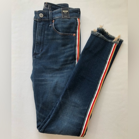 Dark Wash Skinny Jeans with Rainbow Detailing and Distressed Bottoms - Picture 1 of 4